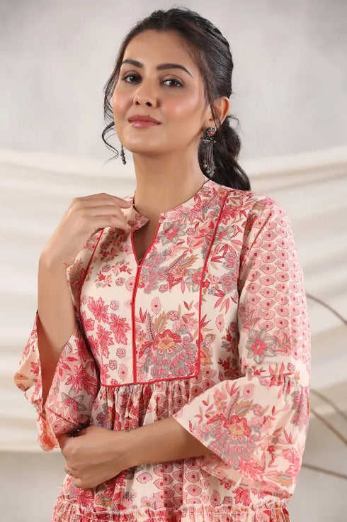 Women Peach Floral Printed Pure Cotton Flared Ethnic Dress